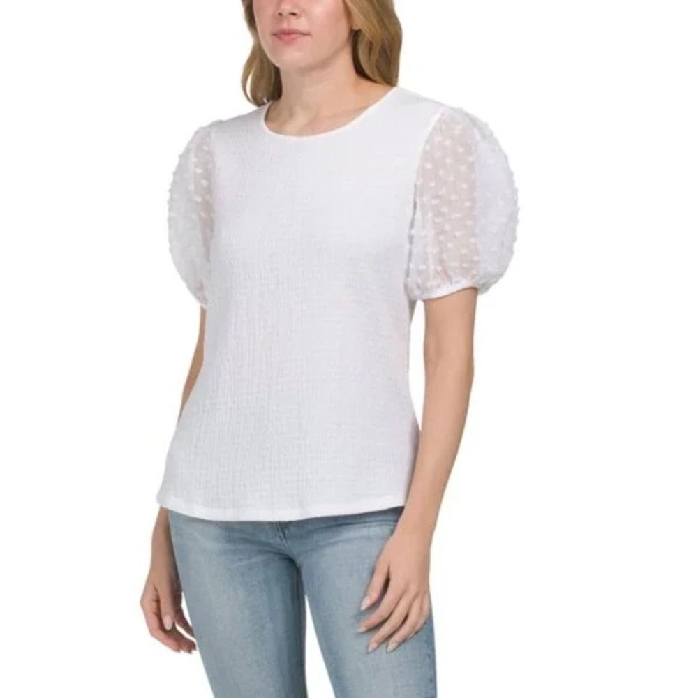 KIM & CAMI White Mixed Media Puff Sleeve Top Womens M Stretch Clip Dot Detail